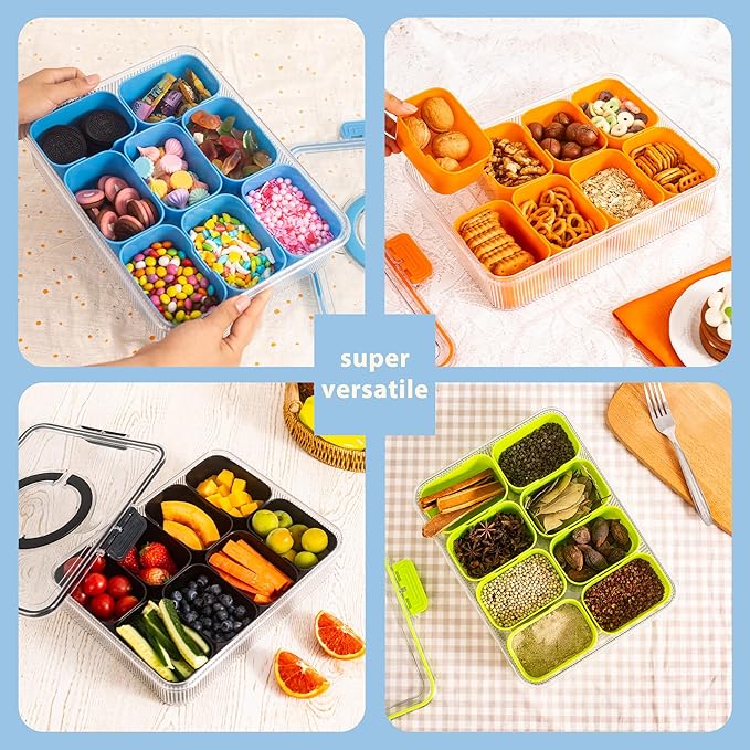 Patent Design Ribbed Snackle Box Container Divided Serving Tray with Lid and Handle -Charcuterie Container Portable Storage Organizer for Candy, Fruit, Beach, Picnics（1 pcs, Cerulean）
