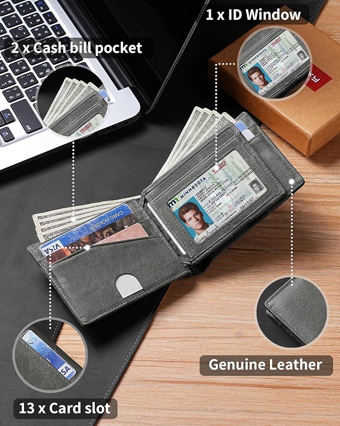 Artpaxy Mens Wallet Bifold Genuine Leather RFID Blocking Wallet for Men with 1 ID Windows 13 Card Holders 2 cash pockets 1 Gift Box