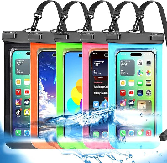 Famoby Up to 8.3" 5 Pack Multicolor Universal Waterproof Phone Pouch, Phone Waterproof Case Dry Bag,Protection Level: IP68,Outdoor Sports for Apple iPhone,Samsung,and More,Black,Blue,Pink,Orange,Green