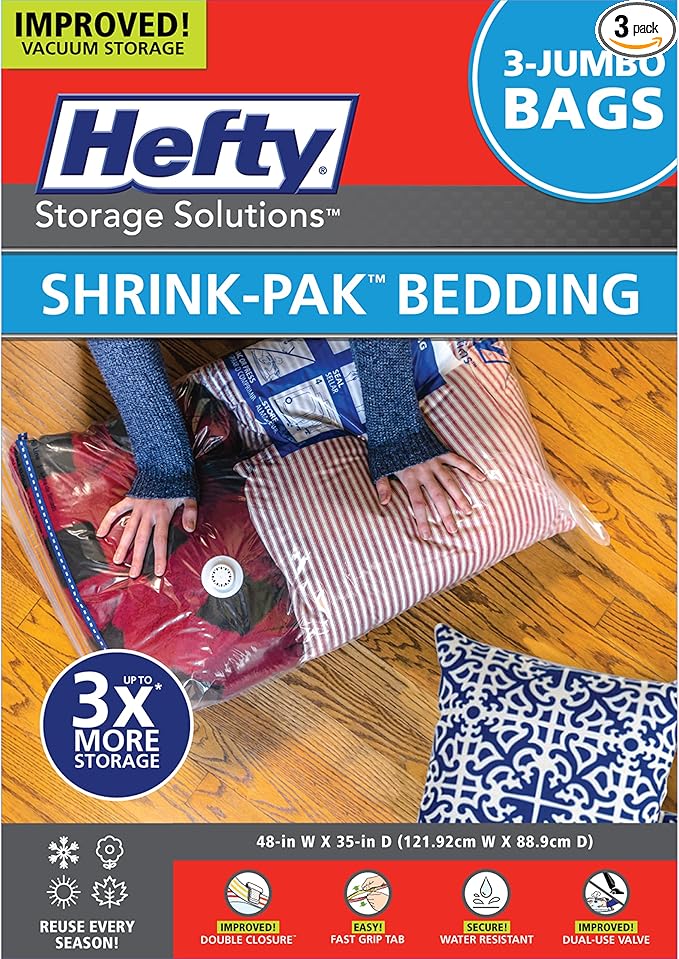 Shrink-Pak Space Bags Vacuum Storage Bags for Bedding Jumbo Compression 3 Pack Clear for Comforters Blankets (3 Jumbo/Bedding Solo)