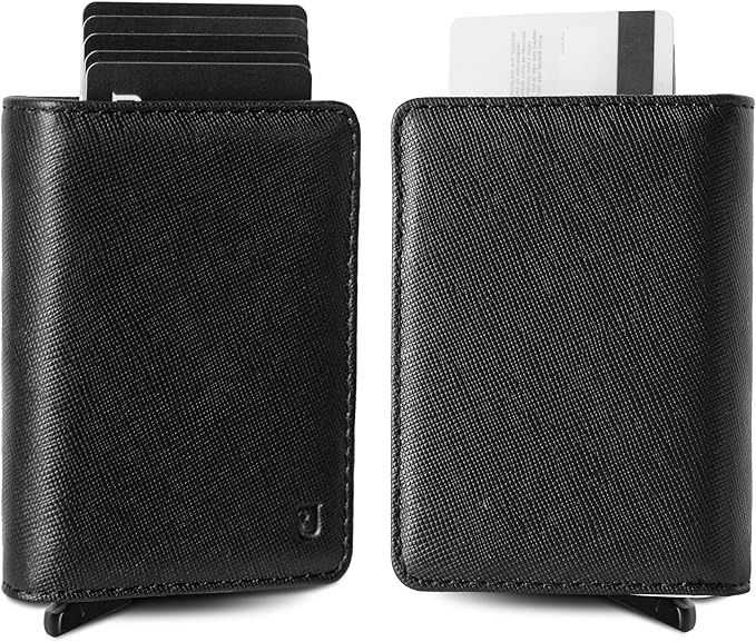 Vincenzo Smart Wallet For Men: Full Grain Leather, Handcrafted, Slide Metal Pop Up Case, Slim RFID Blocking Credit Card Holder, Minimalist, Compact, Front Pocket - 8-12 Organizers | Money Clip (Black)