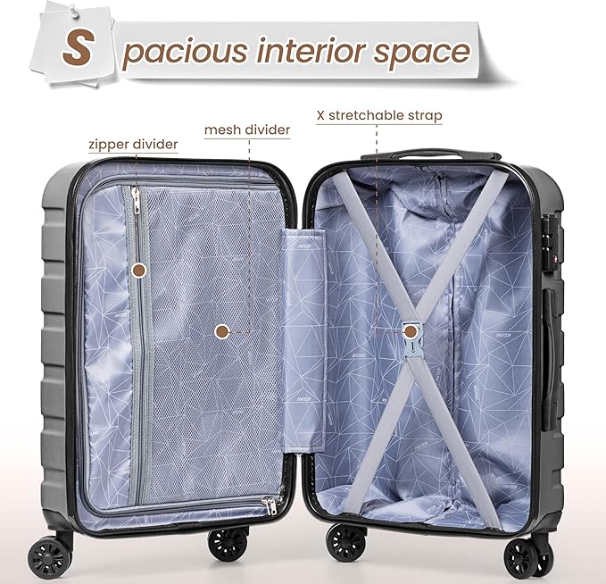 AnyZip Luggage Sets 3 Piece Hardshell Suitcase Set PC ABS Lightweight Travel Suitcases with 4 Double Spinner Wheels TSA Lock 20 24 28 Inch Silver