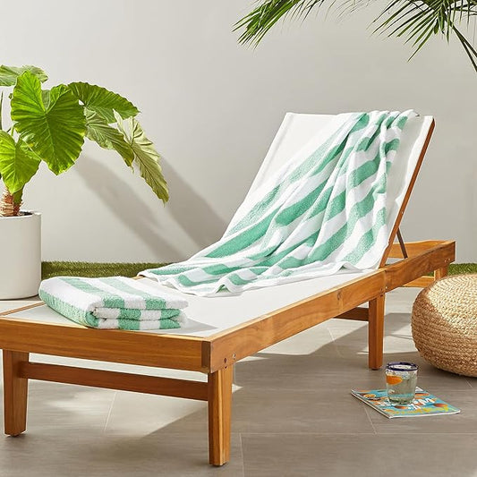Amazon Basics 100% Cotton Terry Cabana Stripe Pool & Beach Towel, Soft & Absorbent, Quick Drying, Large, 2-Pack, Green, 30" x 60"