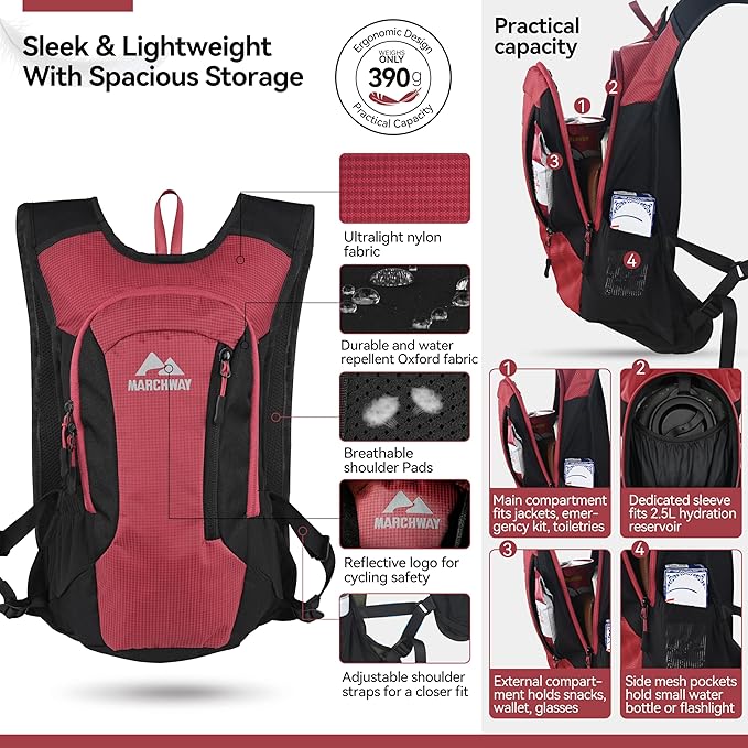MARCHWAY Lightweight Hydration Backpack with Vest Style Straps & 2.5L TPU Water Bladder, Versatile Sleek Multi-Pocket Pack for Hiking, Cycling, Running, Backpacking, Travel