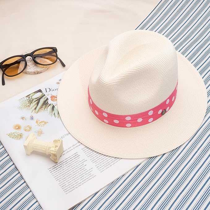 Pineapple&Star Sun Straw Fedora Beach Hat Fine Braid UPF50+ for Women