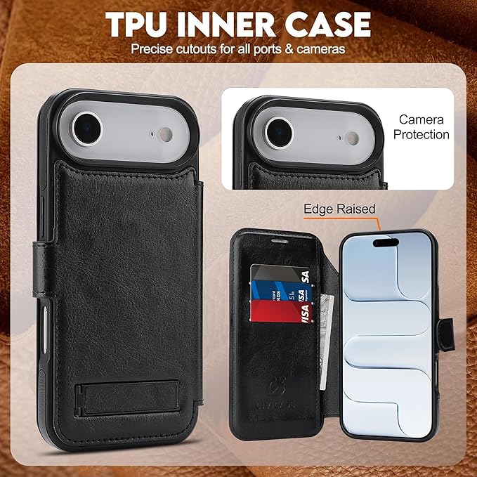 CIVICASE for iPhone Air Wallet Case with Stand,PU Leather Flip Credit Card Holder Slots (RFID Blocking),Compatible with Magsafe Magnetic Holder Phone Cover Women Men,Black