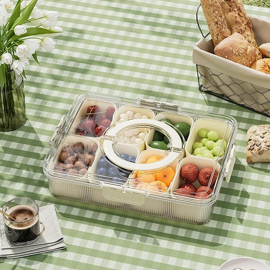 Patent Design Ribbed Snackle Box Container Snack Container Divided Serving Tray with Lid and Handle, 8 Divider Portable Snacklebox for Travel Beach for Charcuterie Veggie Fruit Candy,1 Pack