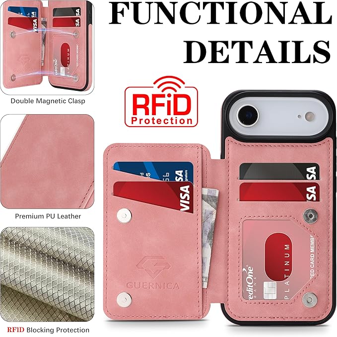GUERNICA for iPhone 17 Air (6.7") Case Wallet with Card Holder, RFID Blocking Leather Protection, Shockproof Women Men Phone Case for iPhone Air, Pink