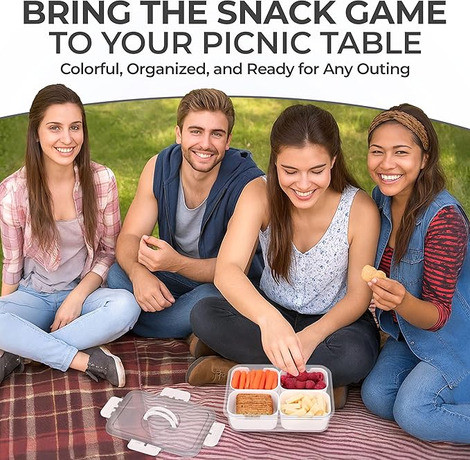 Snackle Box Container with Lid- Travel Charcuterie Box with Handle - Organizer for Candy, Fruit, Nuts, Veggies, Snacks, Beach Essentials, Portable Lunch Box (Bright White, Small)