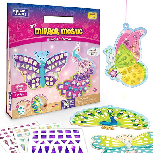 Imagimake Mirror Mosaic Butterfly & Peacock Kids Art Set | DIY Craft Kit | Foil Stickers for Girls | Crative Mosaic Kit | Christmas Activities for Kids | Christmas Gifts for Girls & Boys Ages 3-5-8-10