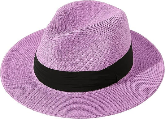 Lanzom Women Wide Brim Straw Panama Roll up Hat Fedora Beach Sun Hat UPF50+