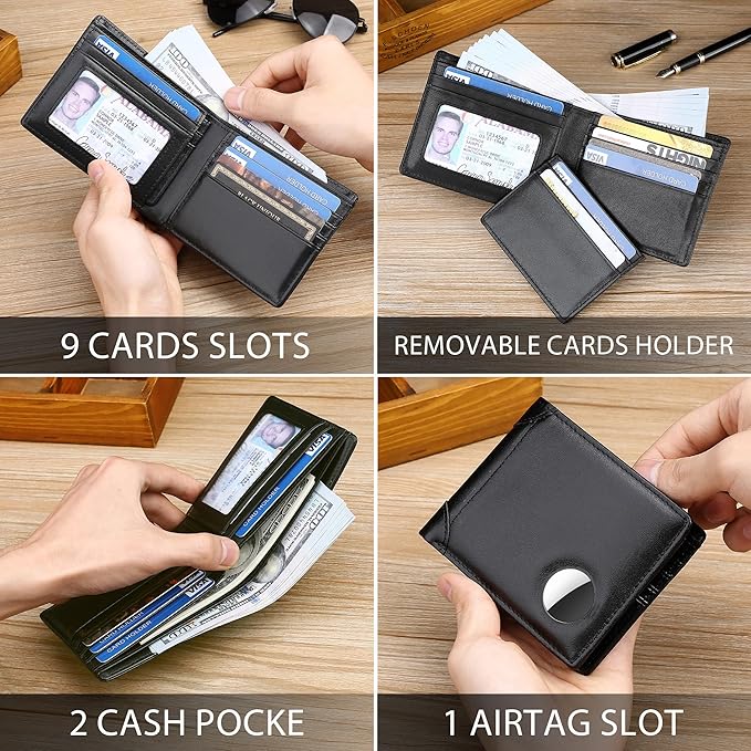 Swallowmall AirTag Wallet Mens RFID Blocking Genuine Leather Bifold Men's Wallet For air tag with 2 ID Window 10 Card Holders Removable Card Slot Black(Airtag Not included)
