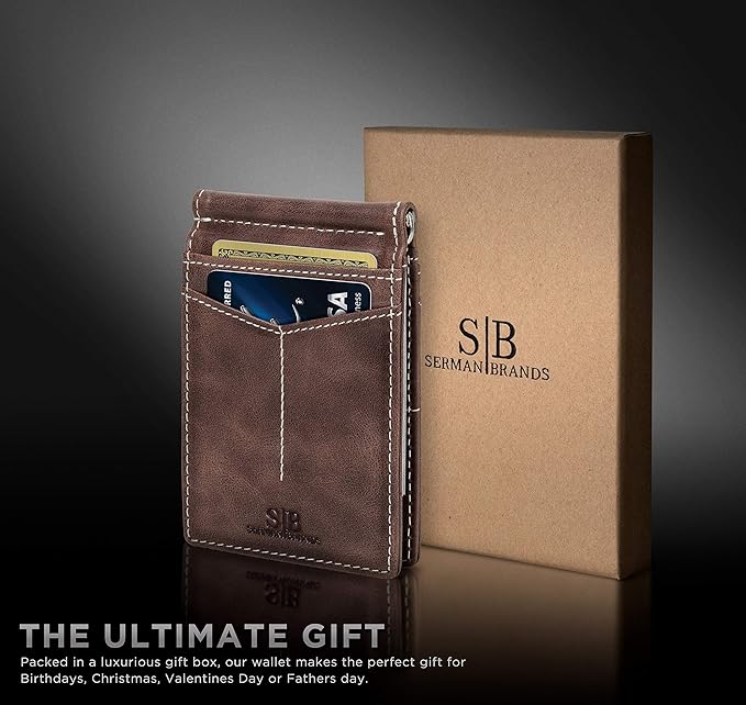 SERMAN BRANDS RFID Blocking Wallet Slim Bifold - Genuine Leather Minimalist Front Pocket Wallets for Men with Money Clip Gift (Morning Roast)