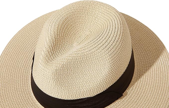 Lanzom Women Wide Brim Straw Panama Roll up Hat Fedora Beach Sun Hat UPF50+