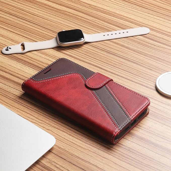 CIVICASE iPhone 12/iPhone 12 Pro Wallet Case, Leather Flip Case [RFID Blocking] Credit Card Holder Folio Magnetic Stand TPU Shockproof Cover Red, Red Brown