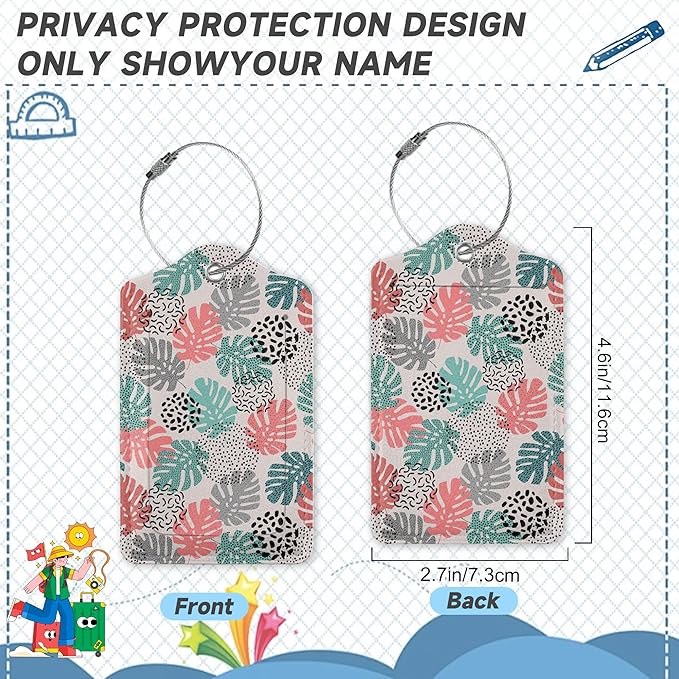 2 Pack Luggage Tag for Suitcase,Wave Dot Art Tropical Palm Leather Suitcase Tags Identifiers with Privacy Name Address Labels and Durable Steel Loop for Women Men Travel