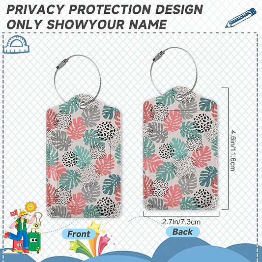 2 Pack Luggage Tag for Suitcase,Wave Dot Art Tropical Palm Leather Suitcase Tags Identifiers with Privacy Name Address Labels and Durable Steel Loop for Women Men Travel