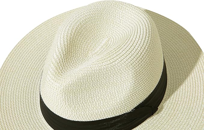 Lanzom Women Wide Brim Straw Panama Roll up Hat Fedora Beach Sun Hat UPF50+