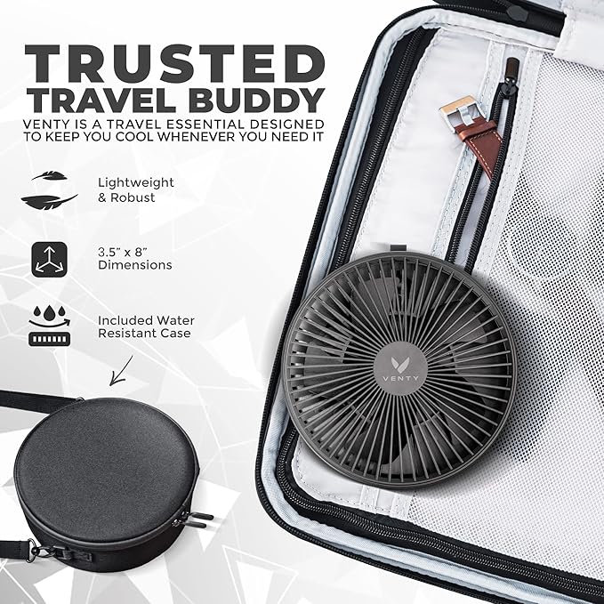 VENTY Portable Fan - Wireless Battery Operated Fan - 4 Speeds - LED Lighting - Carry Case & Remote Control - Cruise Travel - Outdoor Travel RV Power Bank With USB-C Port (Black with Case)