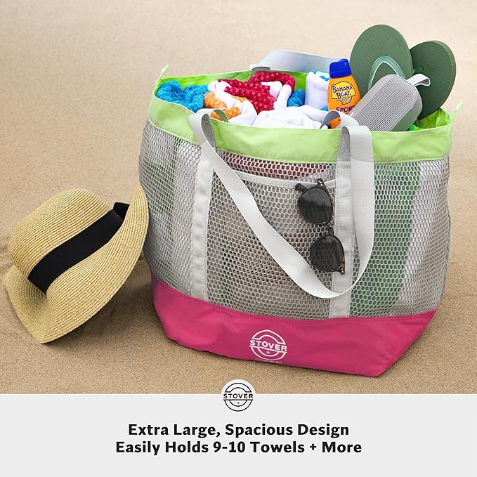 STOVER Large Mesh Beach Bag, Vacation, Pool, Shopping, & Travel Tote - Foldable w/Storage Pockets for Women, Men & Families
