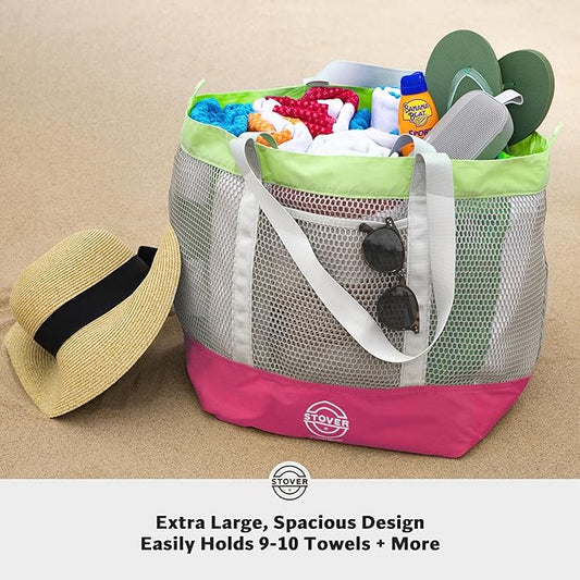 STOVER Large Mesh Beach Bag, Vacation, Pool, Shopping, & Travel Tote - Foldable w/Storage Pockets for Women, Men & Families