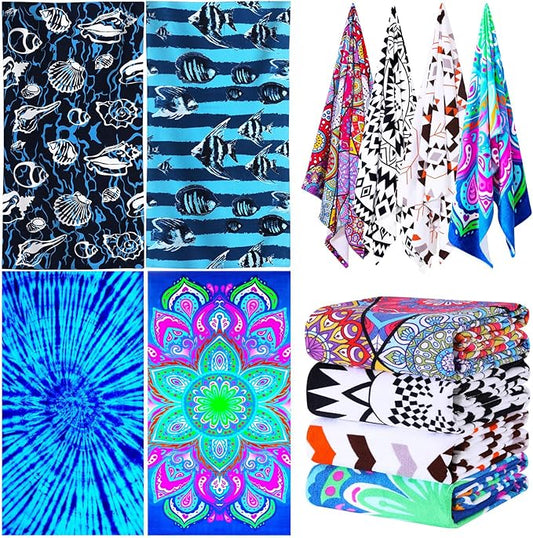 4 Packs Oversized Thin Beach Towel Set, 36 x 72 in XL Extra Large Big Soft Pool Swim Travel Towels Clearance for Adult Women Men Lounge Chair Cover Accessories Essentials Navy Blue Fish Blue Vortex