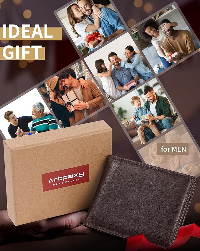 Artpaxy Mens Wallet Genuine Leather Bifold RFID Blocking Wallet for Men with 2 ID Windows 12 Card Holders 2 cash pockets 1 Gift Box