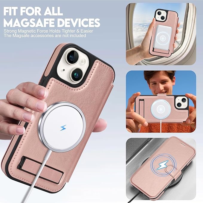 CIVICASE for iPhone 13/iPhone 14 Wallet Case with Stand,PU Leather Flip Credit Card Holder Slots (RFID Blocking),Compatible with Magsafe Magnetic Holder Phone Cover Women Men,Rose Gold