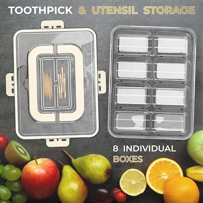 LEVANI Snack Box Container – (8) Clear & Stain Free Compartments, Extra Strong Handle - Divided Serving Tray with Lid, Transparent Snackle Boxes Organizer – Built-In Toothpick & Small Utensil Storage