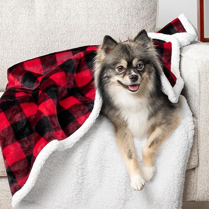 PetAmi Waterproof Dog Blanket for Small Medium Dog Puppy Cat Throw for Couch Cover Leakproof Protection, Sherpa Fleece, Reversible Soft Washable 29x40 Checker Plaid Red