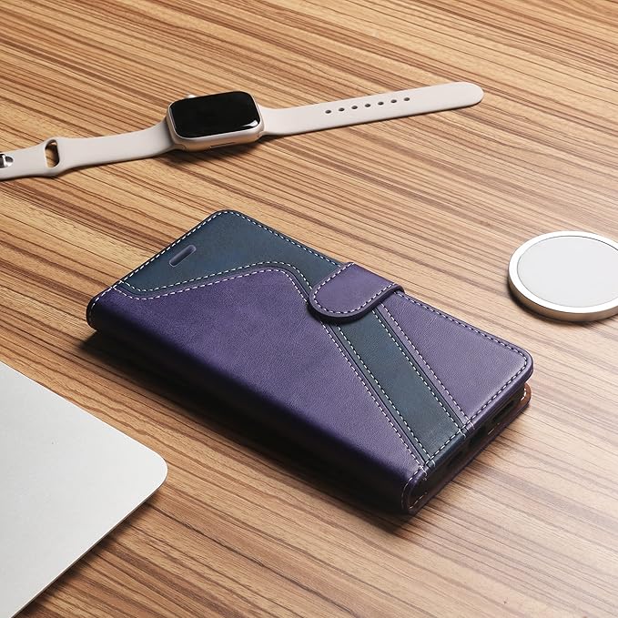 CIVICASE for iPhone 12/iPhone 12 Pro Wallet Case,Leather Flip Case [RFID Blocking] Credit Card Holder Folio Magnetic Stand TPU Shockproof Cover Color Matching for iPhone 12/iPhone 12 Pro,Purple Blue