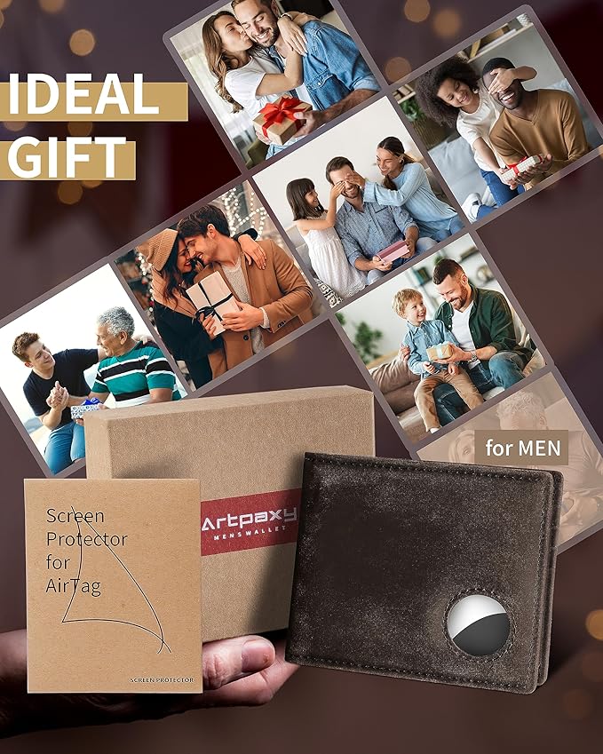 Mens Wallet With AirTag Holder, Bifold Leather RFID Blocking 1-2 ID Windows 12-13 Card Holders, Gift Box and Screen Protector Included, AirTag Not Included