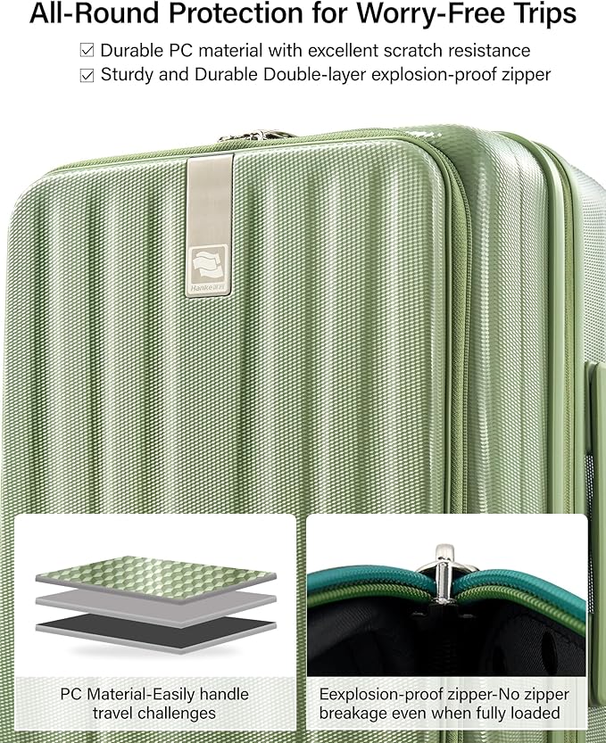 Hanke 24 Inch Expandable Luggage Top Opening Checked Bag Luggage Hard Shell Suitcases with Wheels Lightweight Travel Luggage Medium Suitcase with Lock for Woman Men-Bamboo Green