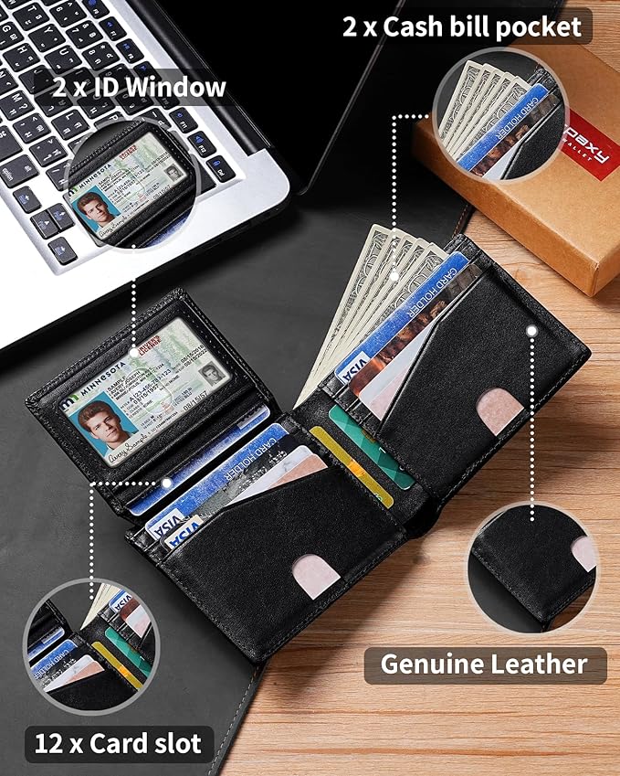 Artpaxy Mens Wallet Bifold Genuine Leather RFID Blocking Wallet for Men with 2 ID Windows 12 Card Holders 2 cash pockets 1 Gift Box