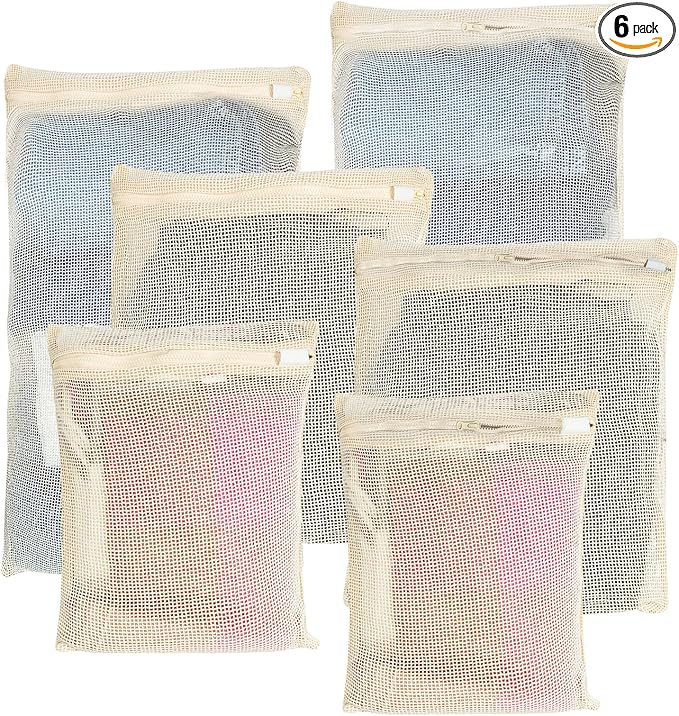 Mesh Laundry Bags Delicates: Laundry Bags Mesh Wash bags - Durable Cotton Garment Bag with Sturdy Zipper for Washing Machine Lingerie Clothes Pants Shoes & Socks Beige(6 PCS)