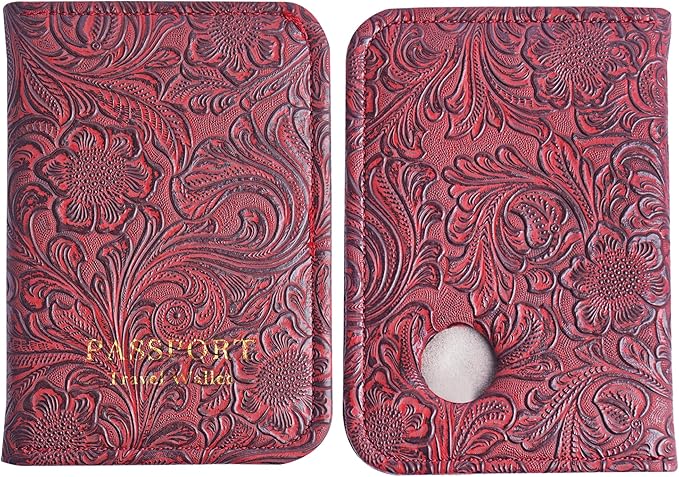 lizimandu Passport Holder with Airtag Slot, Airtag Passport Wallet for Men Women, Slim Leather Passport Holder Case Family for Travel Anti-Lost(1-Carved Red)