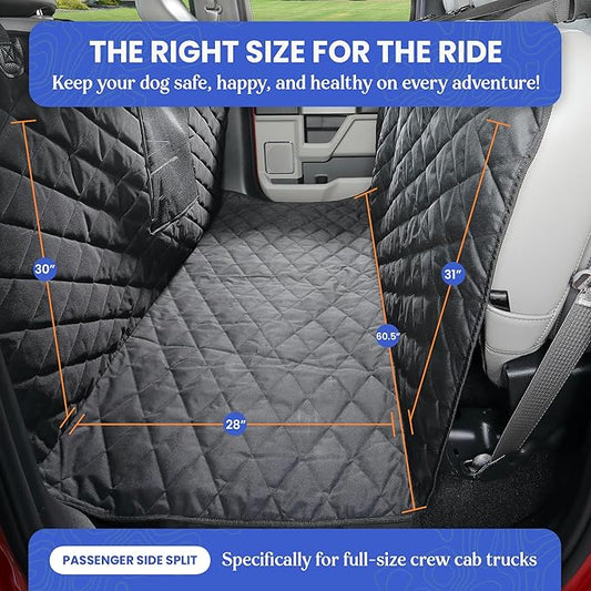 4Knines Dog Floor Hammock for Truck & Crew Cab with Fold Up Seats – Back Seat Pet Cover for Dogs – Compatible with Ford F-150, GMC, Chevrolet, Toyota Full Size Trucks (Passenger Side Split, Black)