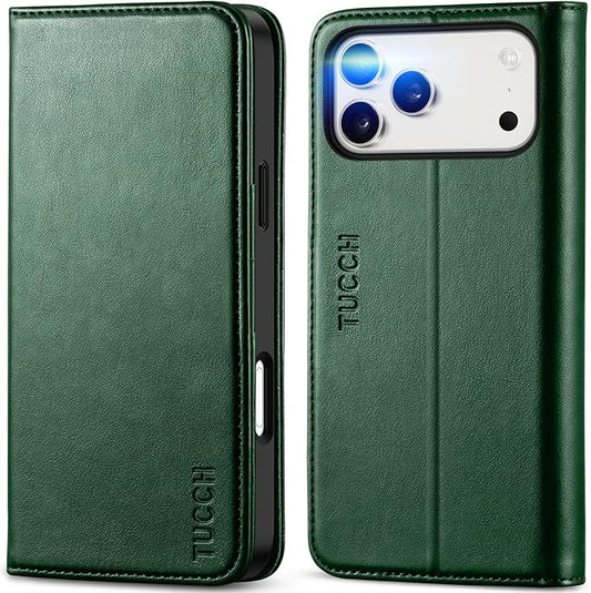 TUCCH Wallet Case for iPhone 17 Pro Max (6.9") 2025, 3 Credit Card Holders, RFID Blocking, Stand, PU Leather, Shockproof TPU Interior Shell, Protective Flip Folio Cover, Midnight Green