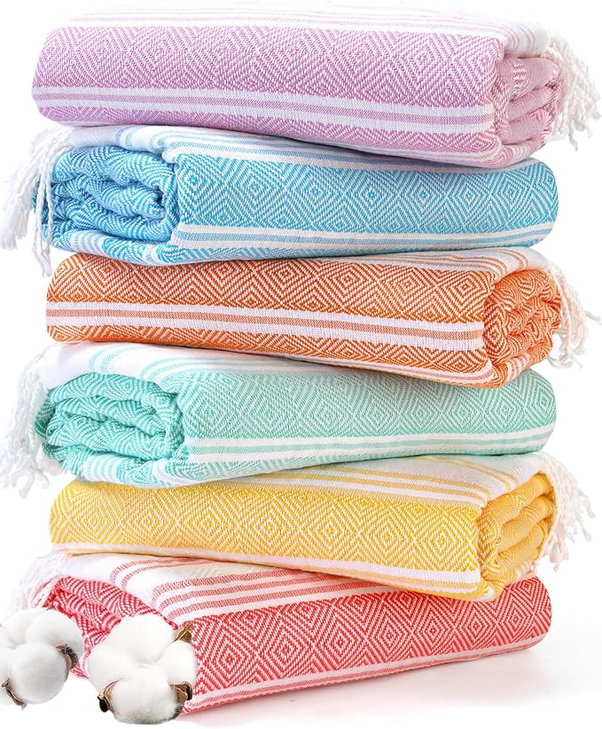 Genovega 6 Oversized Turkish Beach Bath Towel Set Bulk 74"x38" Extra Large Sand Free Quick Dry Swimming Camping Pool Clearance Towels Blanket Essentials Adult Multi LightBlue Rhombus