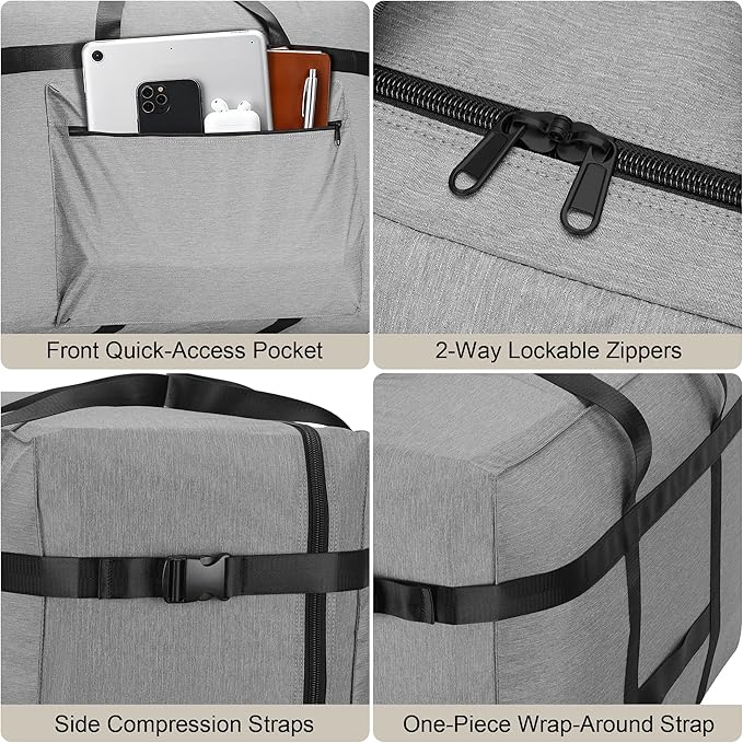 SUNUP Large Duffle Bag for Travel, 80L Foldable Travel Duffel Bag for Men Women, Waterproof Carry On Overnight Weekender Moving Storage Bags, Grey