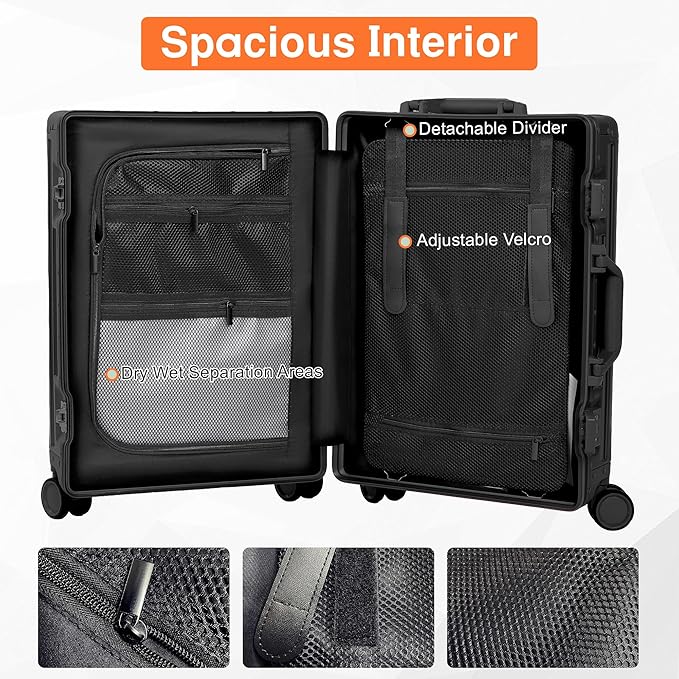 All Aluminum Carry On Luggage 22x14x9 Airline Approved，Hard Shell Carry On Luggage, Zipperless Luggage Aluminum Suitcase Luggage (black, 20inch)