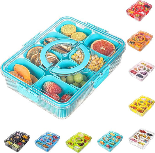 Patent Design Ribbed Snackle Box Container Divided Serving Tray with Lid and Handle -Charcuterie Container Portable Storage Organizer for Candy, Fruit, Beach, Picnics（1 pcs, Lake blue）