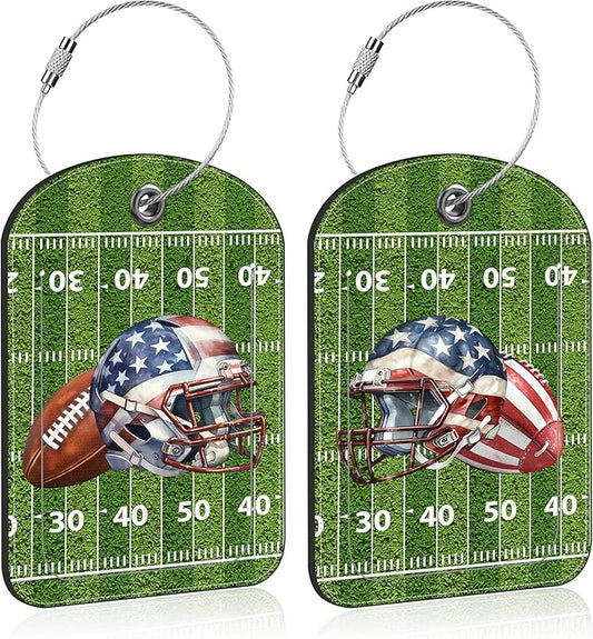2 PCS Leather Luggage Tag for Suitcase Football and Helmet Travel Suitcase Labels with Privacy Name ID Label and Stainless Steel Loop for Adults Teens Travel Bag Labels Set