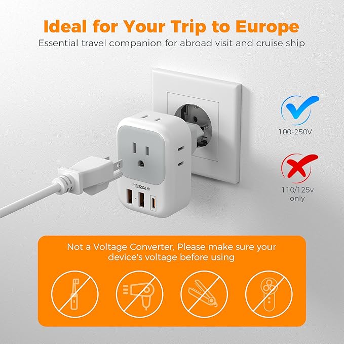 TESSAN European Travel Plug Adapter, Europe Adapter with 4 Outlets and 3 USB(1 USB C PD 20W), International Foldable Plug Type C Power Adaptor for EU Spain France Italy Germany Portugal Iceland