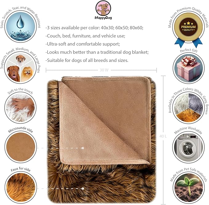 IHAPPYDOG Waterproof Dog Blanket for Small, Medium & Large Dogs – Faux Fur Pet Throw for Couch, Sofa, Bed & Car – Soft, Washable, Stain-Resistant, Durable Cover - Brown 40" x 30"