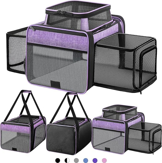 Top and 2 Sides Expandable Cat Carrier 17x11x11, TSA Airline Approved Dog Carriers for Medium Dogs, Soft-Sided Pet Carrier with Self-Locking Zippers for Kitten,Rabbit, Puppy, Guinea Pig Purple