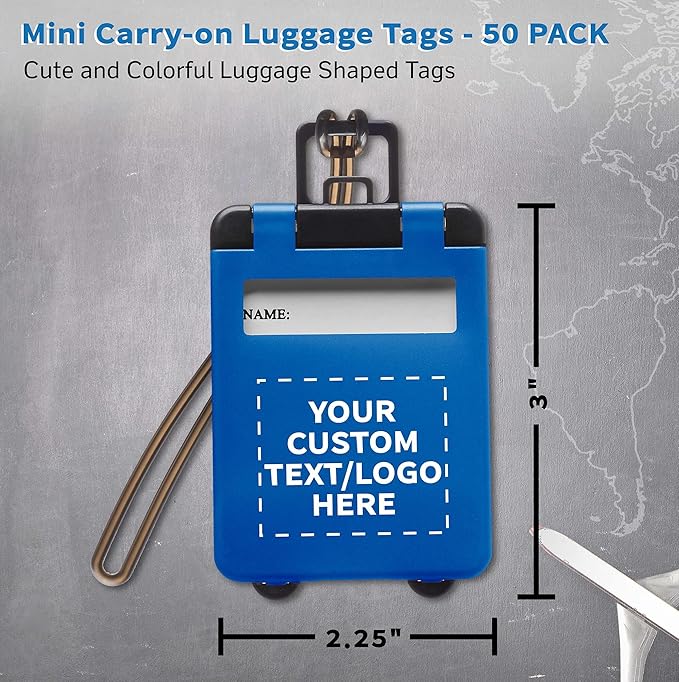 50 Mini Carry-on Luggage Tags Pack - Customizable Text, Logo - Flip Open Cover, ID Sticker - Blue