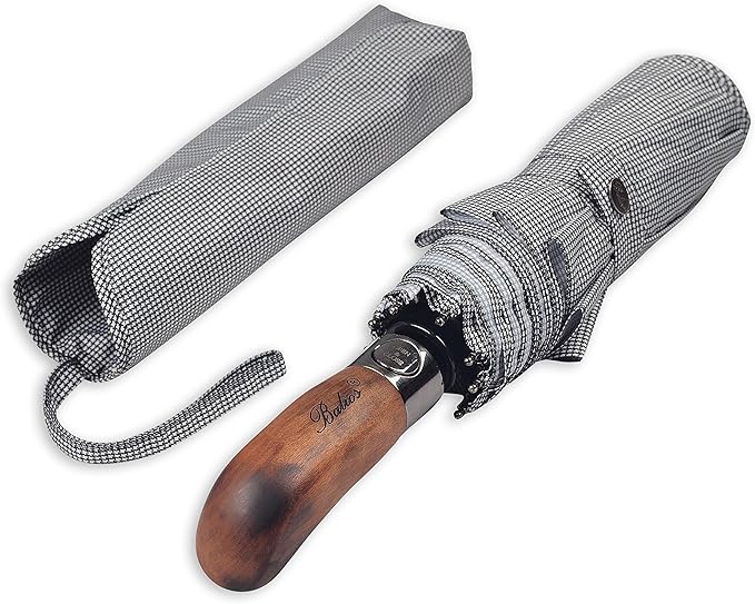 Balios Prestige Travel Folding Umbrella, Handmade Wood Handle, Auto Open & Close