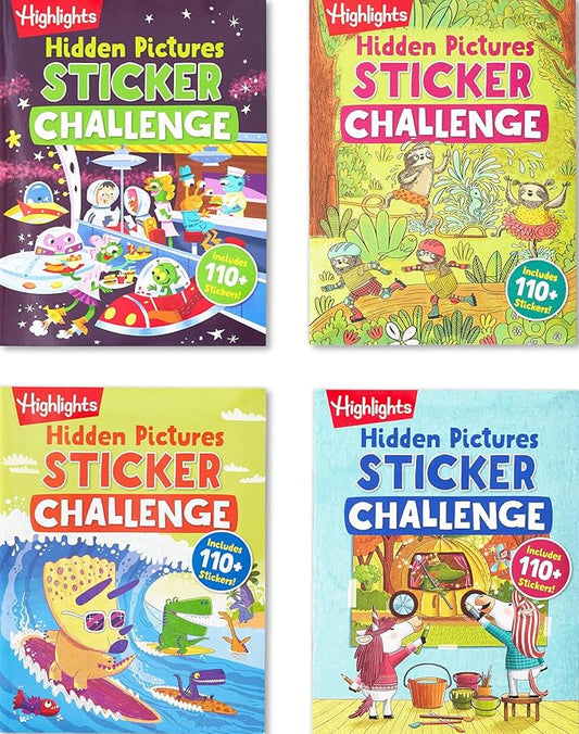 Highlights Hidden Pictures Sticker Challenge Sticker Book Set for Kids Ages 6 and Up, 4-Pack, 64 Pages of Seek and Find Activities, Double as Coloring Books, 440+ Stickers