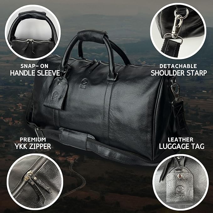 Leather Duffle Bag for Men - Full Grain Leather Travel Bag - TSA Approved Carry On Weekender Overnight Duffel Bag (Black, 20 inch)